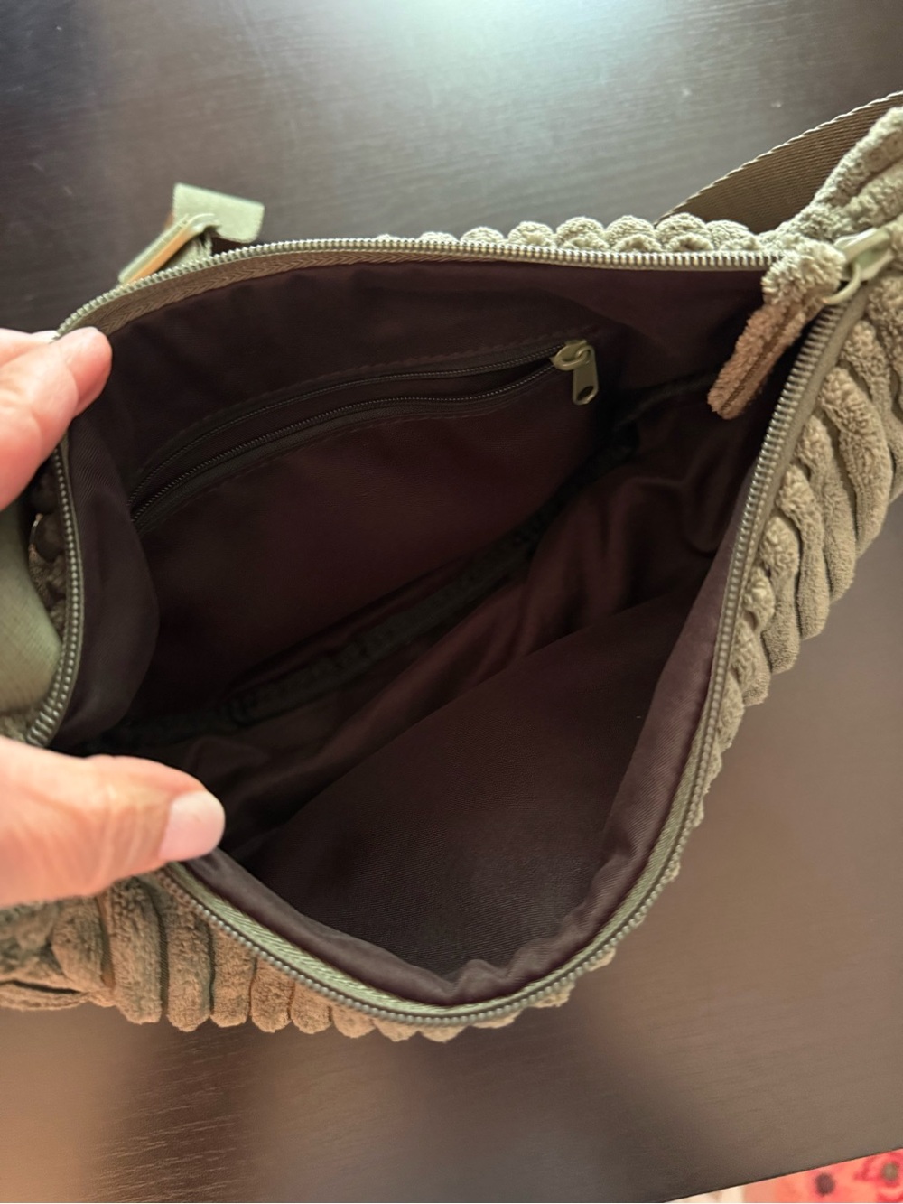 OLIVE green wide whale corduroy crescent knit fanny pack, hip bag - Picture 3 of 4